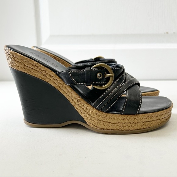 Aldo Black Strappy Wedge Sandals with Espadrille Detail Size 37 - Picture 2 of 16